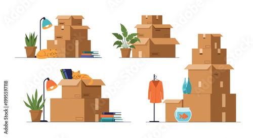 Sets of cardboard moving boxes with various household items, potted plants, and sleeping cats prepared for home relocation.