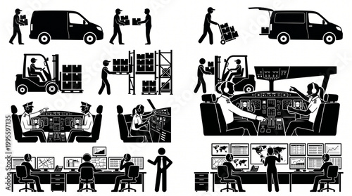 Massive collection of logistics and aviation silhouettes featuring delivery drivers, warehouse workers, forklift operators, airplane pilots, and control room monitoring staff at work. Set