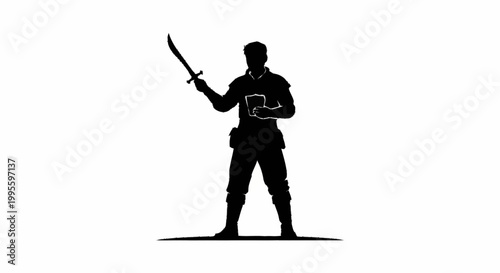 A black silhouette of a man holding a sword and a map