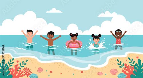 Group of happy children from diverse backgrounds playing and splashing in the ocean waves at a sunny beach during summer break.