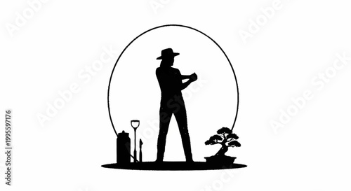 A silhouette of a man pruning a bonsai tree with gardening tools