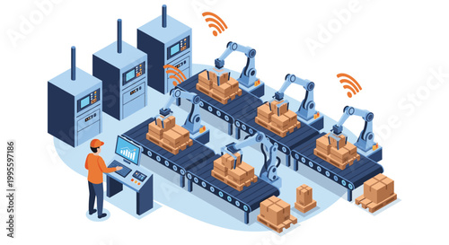 Modern automated warehouse facility with robotic arms on conveyor belts moving boxes, controlled by a worker at a station.