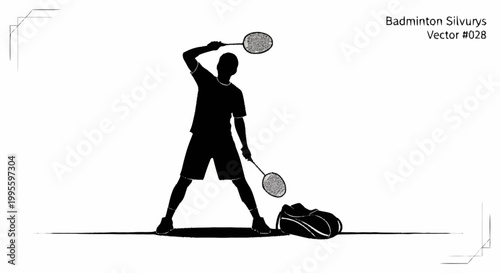 A silhouette of a man playing badminton with a racket and bag