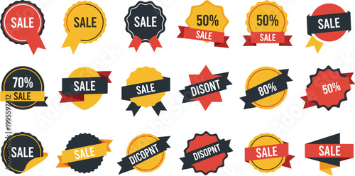 Bold Sale and Discount Badges Featuring Percentage Offers, Banners, and Price Tags for E-Commerce, Marketing, and Promotional Campaigns