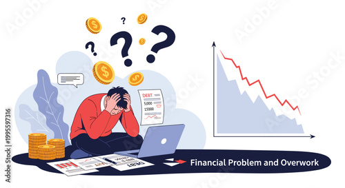 Overworked man sitting on the floor feeling stressed due to financial problems and debt with a falling economic graph behind.