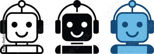 Cute chatbot robot face icons, friendly AI assistant character set, vector illustration collection for messaging apps, customer support UI and digital communication interface design.