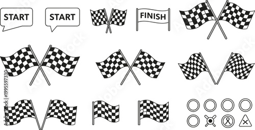 Checkered Racing Flags, Start/Finish Banners, and Directional Icons for Motorsport, Racing Events, and Graphic Design Projects