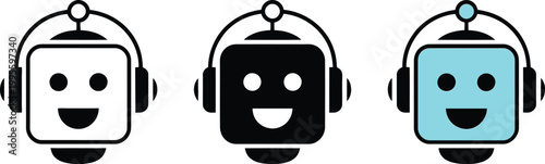 Cute chatbot robot face icons, friendly AI assistant character set, vector illustration collection for messaging apps, customer support UI and digital communication interface design.