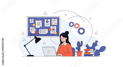 Professional woman working on a laptop at her office desk with a task board full of notes and symbols of business productivity.