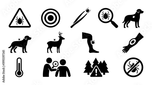 Tick Danger and Disease Silhouette Set – Lyme Disease Risk and Bite Prevention Icons