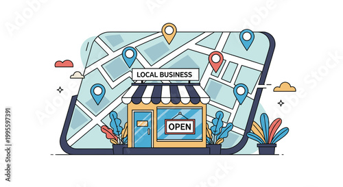 Creative illustration of a small local business shop with an open sign positioned in front of a large map with location pins.