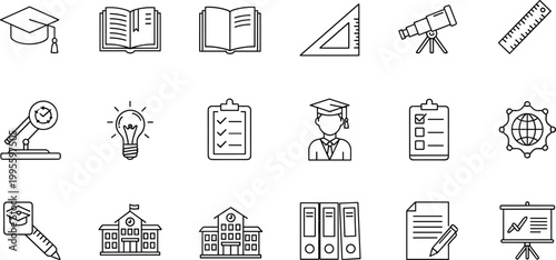 Education and Academic Vector Icons Featuring Graduation, Books, Tools, School, and Learning Resources for Academic Projects