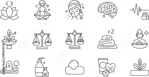 Minimalist Black and White Wellness and Spa Icons Featuring Yoga, Meditation, Skincare, Balance, and Health Concepts