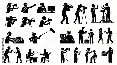 Professional film production crew silhouettes set including movie director, cinematographer, sound engineer, actors, makeup artist, and lighting technician working on a cinema studio stage.