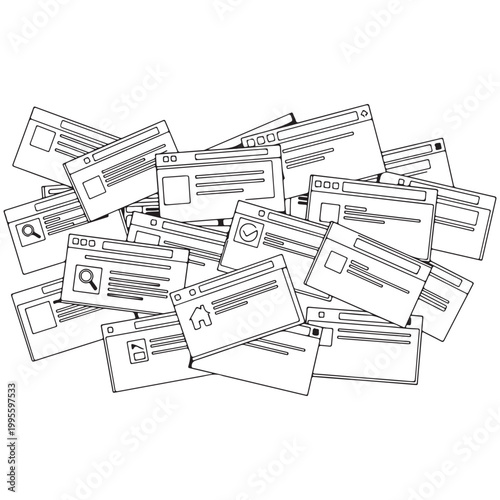 Cluttered pile of browser windows and website wireframes vector illustration isolated on white background