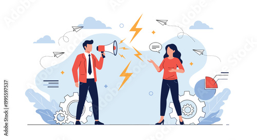 Business man and woman having a heated conflict or argument with a megaphone and lightning bolts representing angry tension.