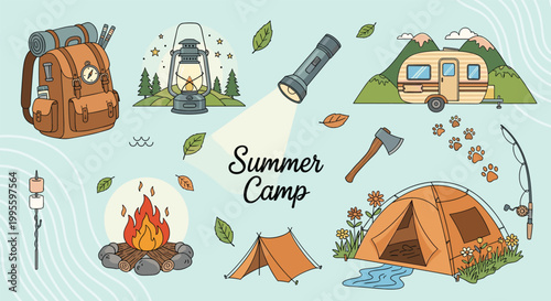 Collection of hand-drawn items for a summer camp adventure including a tent, campfire, backpack, lantern, and travel trailer.