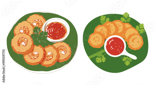Top view of crispy fried shrimp rolls and sliced food on round green plates