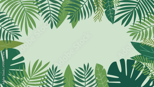 A green leaf frame. Tropical branches and foliage background. Palm leaves backdrop.
