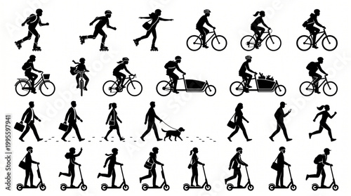 Comprehensive set of urban people silhouettes featuring commuters on bicycles, cargo bikes, electric scooters, rollerblades, walking dogs, and running in a flat vector graphics style.