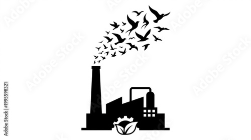 Industrial factory chimney releasing birds instead of smoke, symbolizing environmental change and freedom.