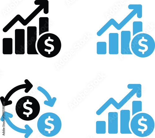 Financial growth and currency exchange icon set, dollar sign, bar chart and line graph symbols, vector illustration for business analytics, investment tracking and economic performance design elements