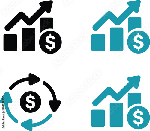 Financial growth and currency exchange icon set, dollar sign, bar chart and line graph symbols, vector illustration for business analytics, investment tracking and economic performance design elements