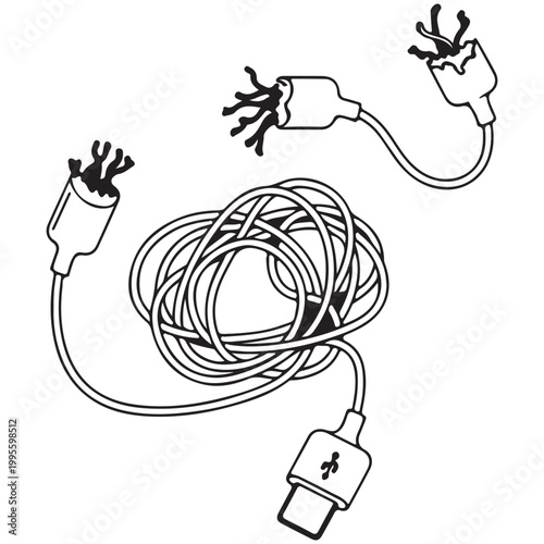 Tangled and broken USB charging cable with frayed wires vector illustration isolated on white background