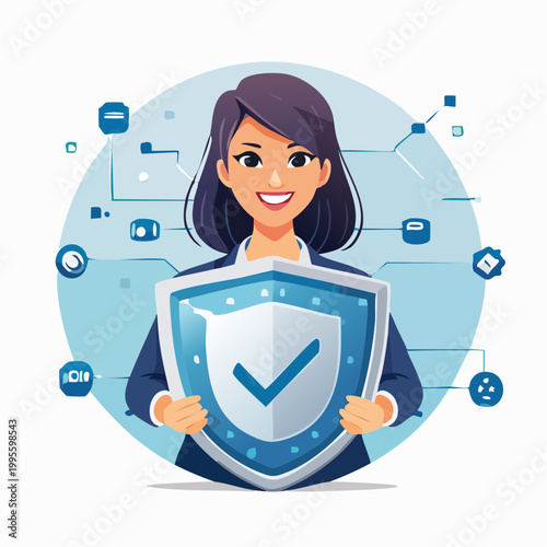 Confident female IT specialist holding a secure shield with digital network elements