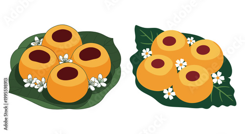 Two sets of orange round cakes with red centers on green leaves with flowers