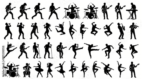 Quadro su tela Massive collection of professional musician and dancer silhouettes featuring roc