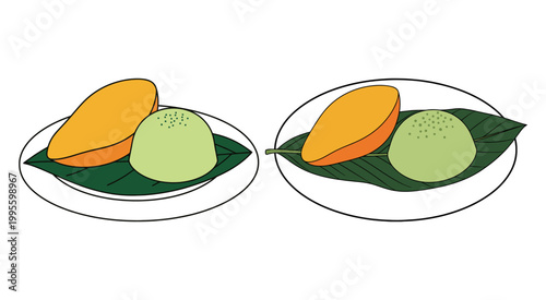 Fresh mango sticky rice dessert served on a green banana leaf on a plate