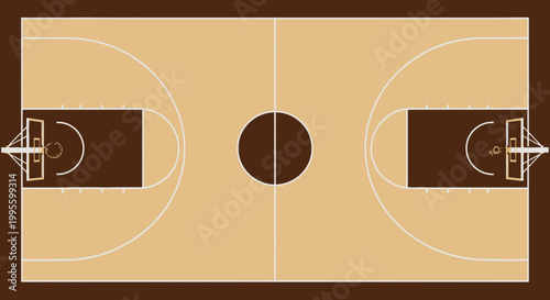 Top view of a basketball court with light brown wooden flooring free throw lane backboards hoops and center circle in a sports arena
