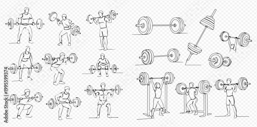 Continuous line drawing of people lifting barbells and various barbell equipment for fitness and weight training exercises.