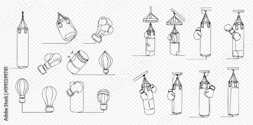 Set of boxing equipment sketches including punching bags, speed bags, and boxing gloves in hand-drawn style.