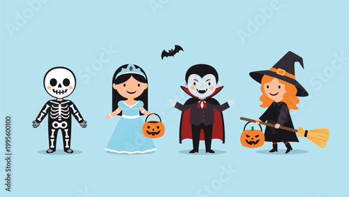 Cheerful group of diverse children dressed in fun Halloween costumes including a skeleton, princess, vampire, and witch, ready for festivities.