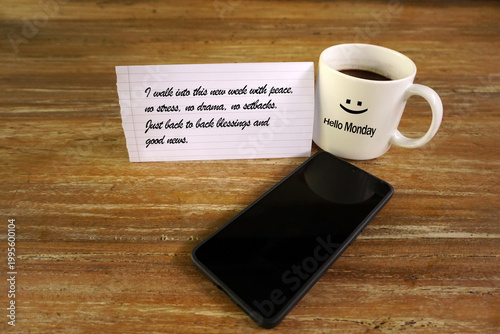 Monday inspirational quote - I walk into this new week with peace, no stress, no drama, no setbacks. Just back-to-back blessings and good news. With phone, note, cup of morning coffee on the table. 