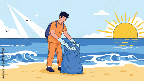 Diligent young man actively cleaning a beautiful beach at sunset, collecting plastic bottles into a recycling bag, promoting environmental responsibility.