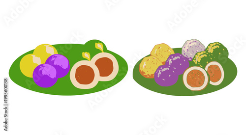 Colorful traditional mochi rice cakes served on green banana leaves