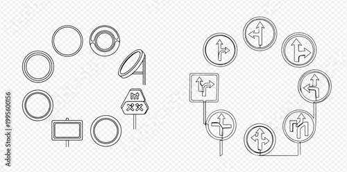 Set of outline icons for various road signs and traffic directions, including prohibition and guidance signs.