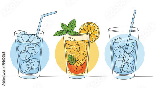 Refreshing continuous line art illustrations of three iced drinks, including water and a citrus cocktail, enhanced with colorful, abstract backgrounds.