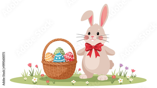 Adorable Easter bunny with a red bow tie standing next to a basket overflowing with colorful decorated eggs and blooming spring flowers.