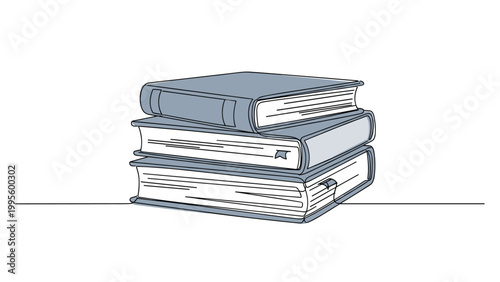 Simple and elegant continuous line art illustration of a stack of three classic books, symbolizing knowledge, education, and literary exploration.