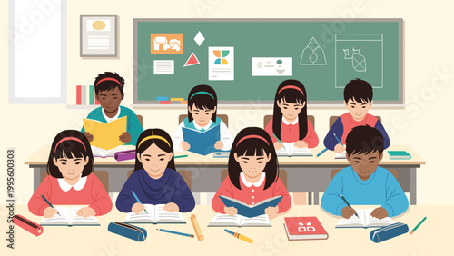 Vibrant classroom scene featuring a diverse group of elementary school children diligently engaged in reading and writing at their desks, focusing on learning.