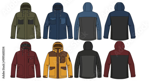 Variety of colorful hooded jackets.