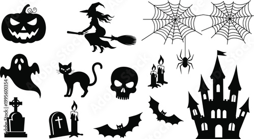 Set of Halloween silhouettes featuring pumpkin witch on broomstick haunted castle ghost cat skull spider web and bats for spooky designs
