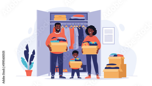 Happy diverse family, including parents and a child, cheerfully sorting and donating clothes from their closet, promoting charity and sustainability.