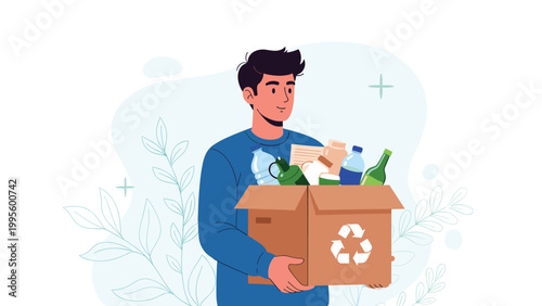 Responsible young man holding a cardboard box filled with various recyclables like plastic, glass, and paper, promoting environmental sustainability and sorting.