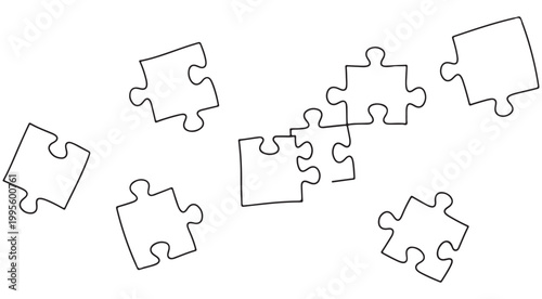 Hand drawn jigsaw puzzle pieces line art illustration isolated on white background