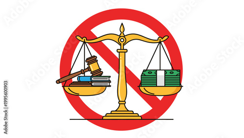 Symbolic illustration of justice scales with law books and money, explicitly crossed out, representing a strong stance against corruption and bribery.